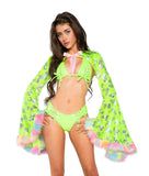 Faux Fur Trimmed Sequin Bell-Sleeve Shrug